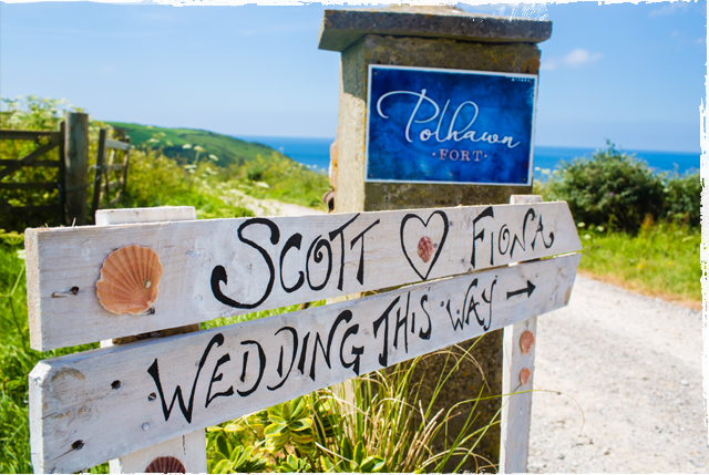 Polhawn Fort outdoor coastal wedding - choices- sign